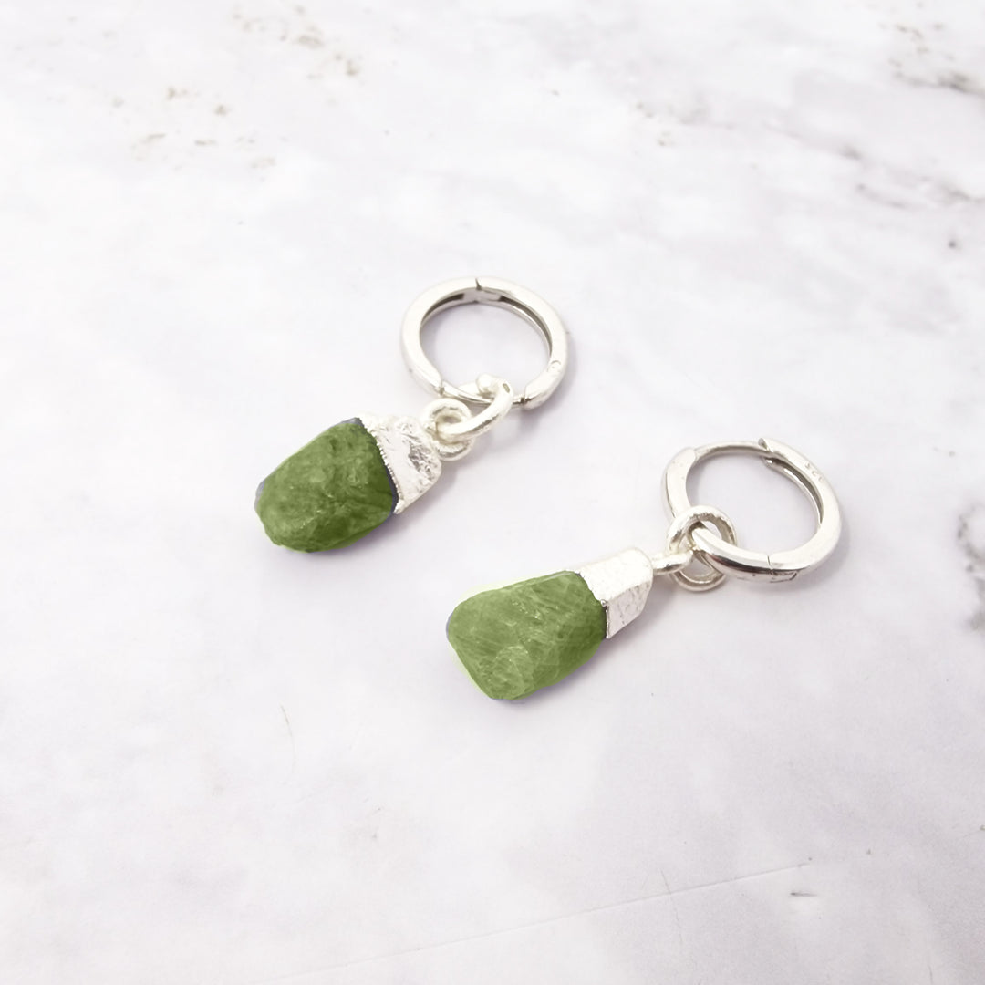 Raw Peridot Sterling Silver Round Huggies