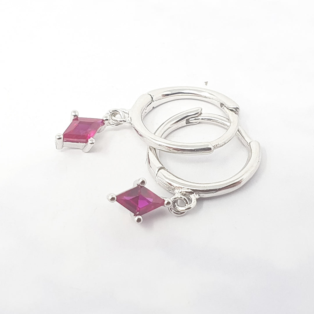 Ruby July Birthstone Silver Delicate Dangle Hoops