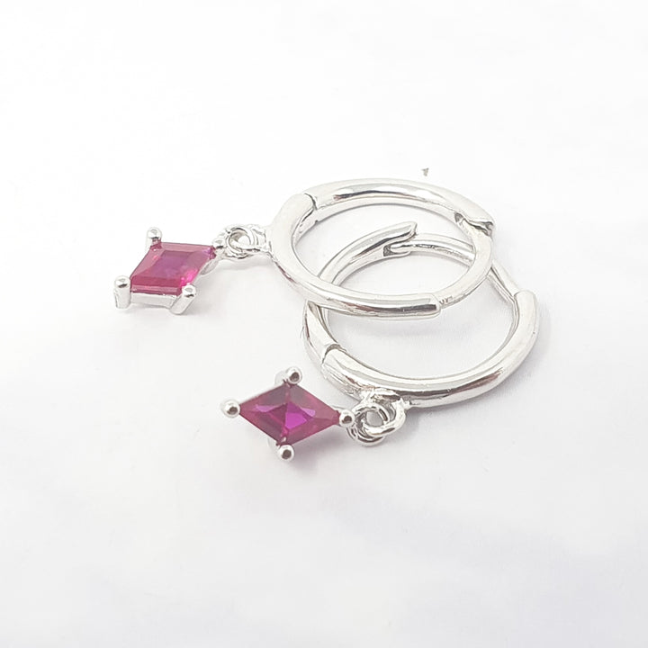 Ruby July Birthstone Silver Delicate Dangle Hoops