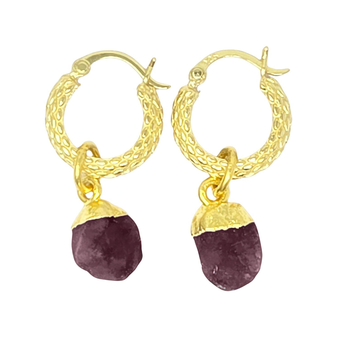 Raw Ruby July Birthstone Huggie Hoops Gold Vermeil Plated Gemstone Earrings