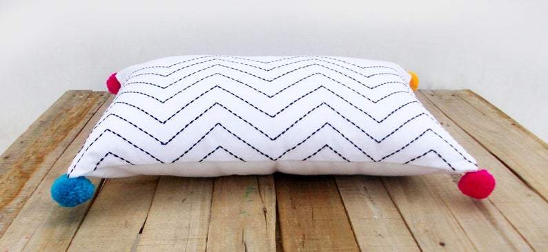 Chevron White Pillow Cover With Zig Zag Embroidery