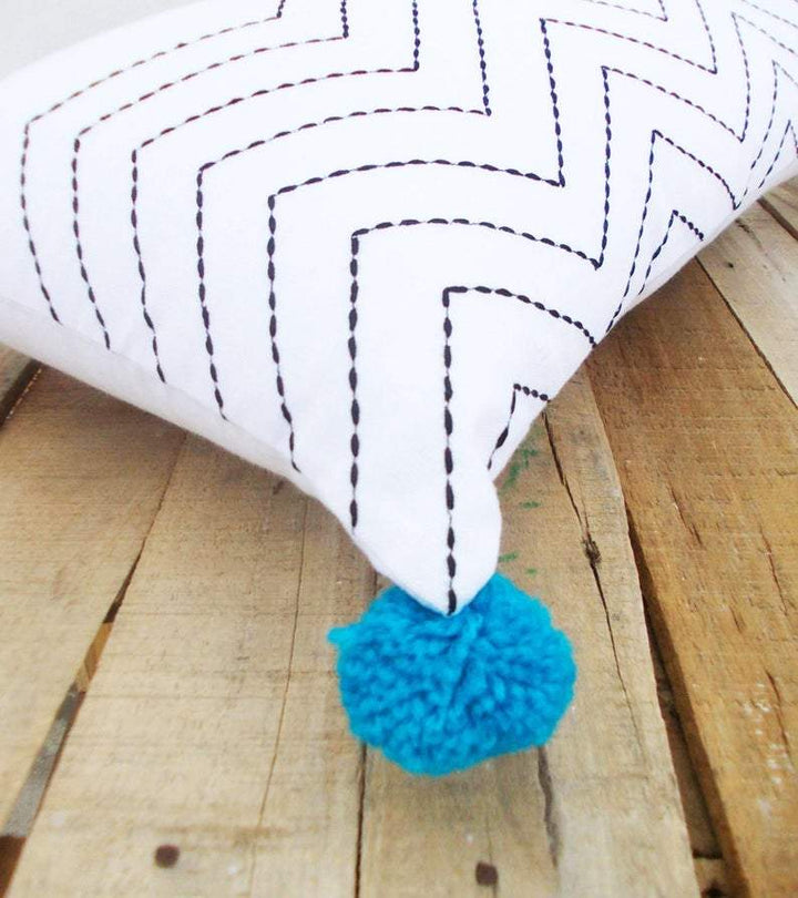 Chevron White Pillow Cover With Zig Zag Embroidery