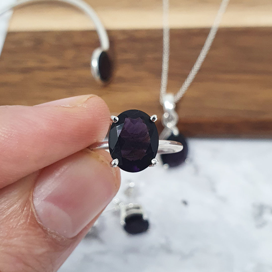 Sterling Silver Amethyst Oval Prong Set Ring - February Birthstone Ring