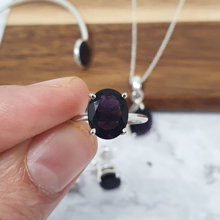 Sterling Silver Amethyst Oval Prong Set Ring - February Birthstone Ring