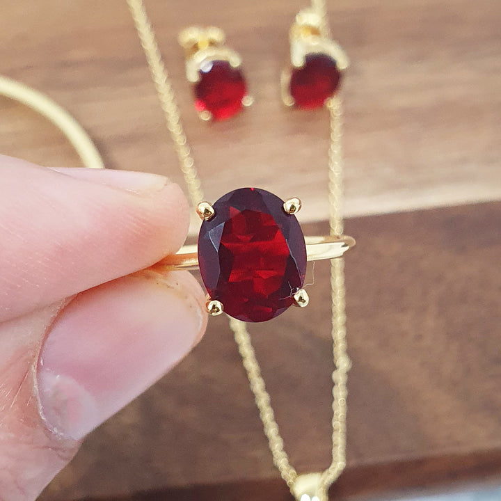 Garnet Oval Prong Set Gold Vermeil Sterling Silver Ring - January Birthstone Ring