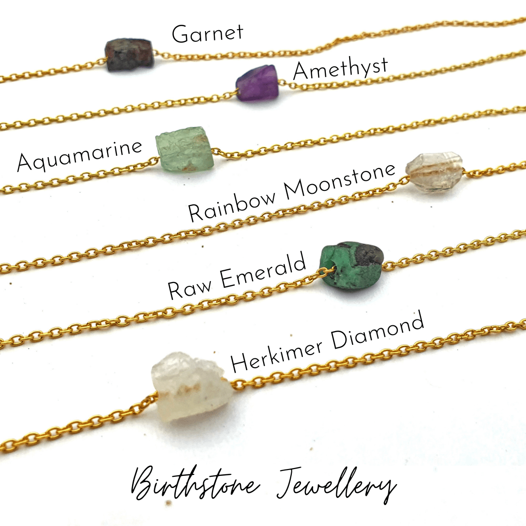 Birthstone jewellery - garnet, amethyst, aquamarine, rainbow moonstone, herkimer, diamond