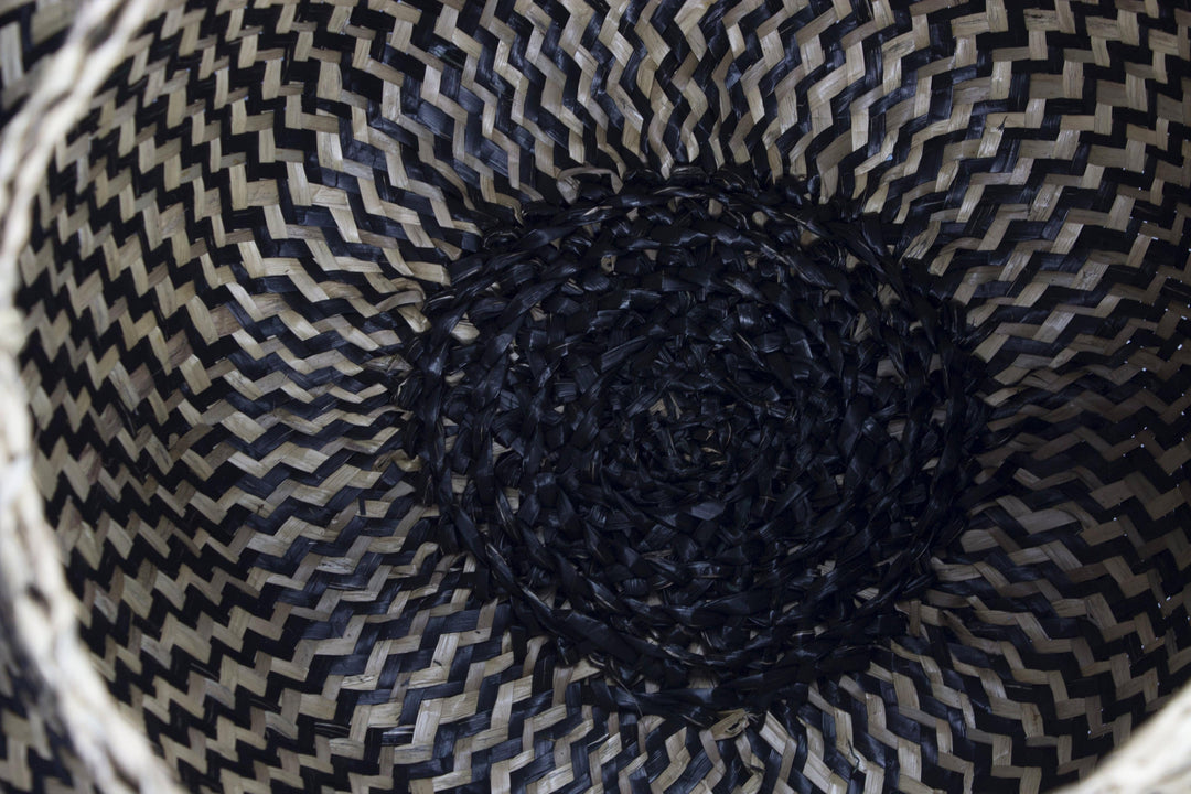 Linh - Folding Black Patterned Seagrass Storage Belly Basket