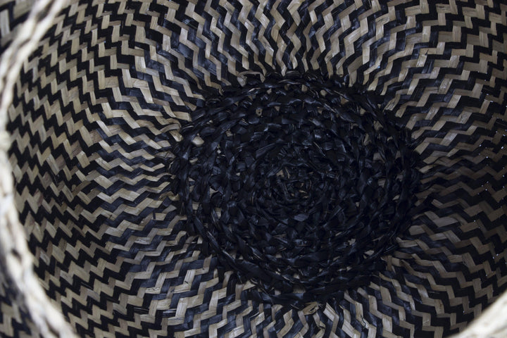 Linh - Folding Black Patterned Seagrass Storage Belly Basket
