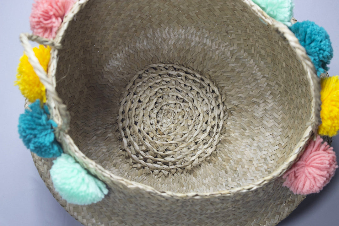 Mai - Folding Natural Toy Organiser Basket With Colourful Pompoms