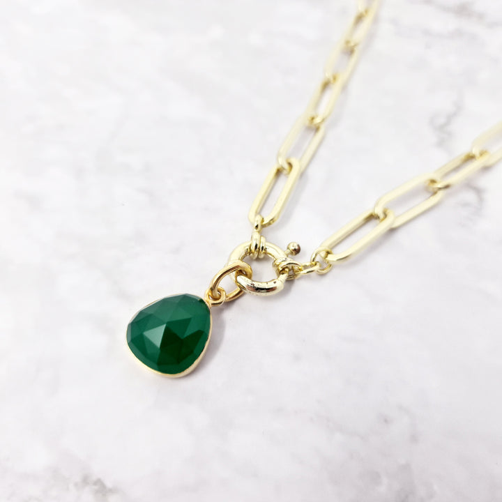 Green Onyx May Birthstone Gold Plated Charm Necklace