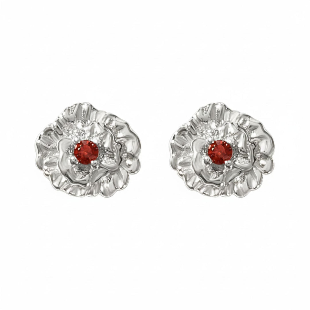 Garnet January Birthstone Carnation Birthflower Sterling Silver Stud Earrings