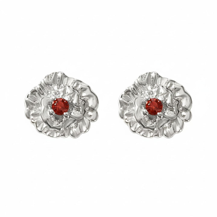 Garnet January Birthstone Carnation Birthflower Sterling Silver Stud Earrings