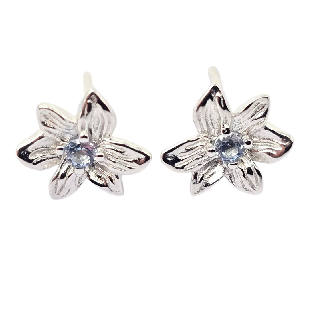 Aquamarine March Birthstone Daffodil Birthflower Sterlling Silver Stud Earrings