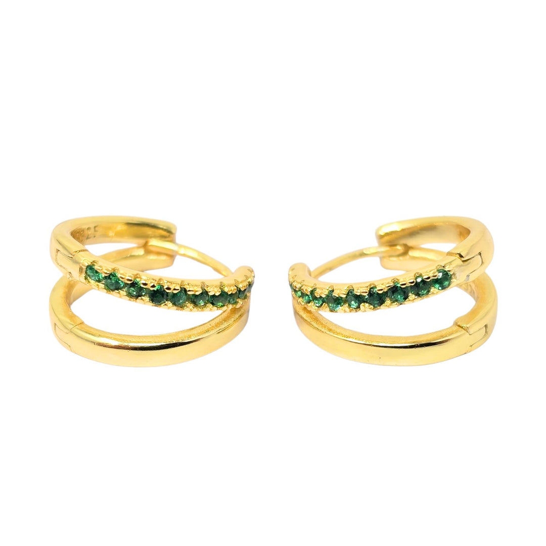 Emerald May Birthstone Double Hoop Small Huggie Gold Plated Earrings