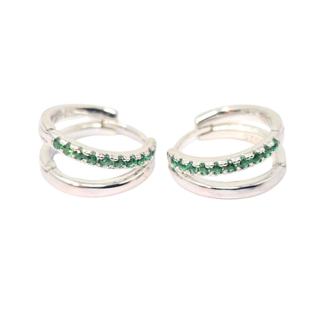 Emerald May Birthstone Double Hoop Small Huggie Sterling Silver Earrings