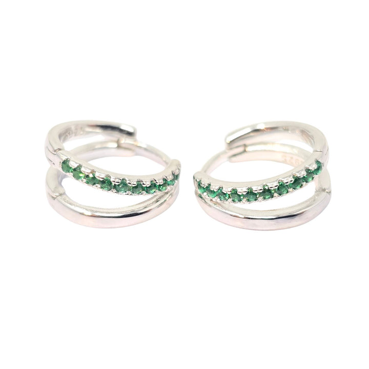 Emerald May Birthstone Double Hoop Small Huggie Sterling Silver Earrings