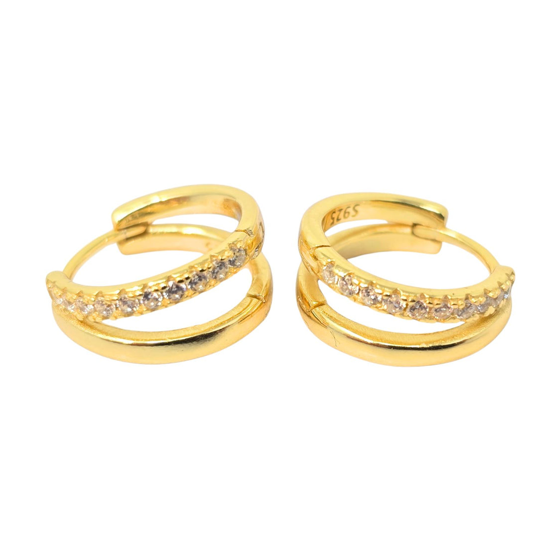Diamond April Birthstone Double Hoop Small Huggie Gold Plated Earrings