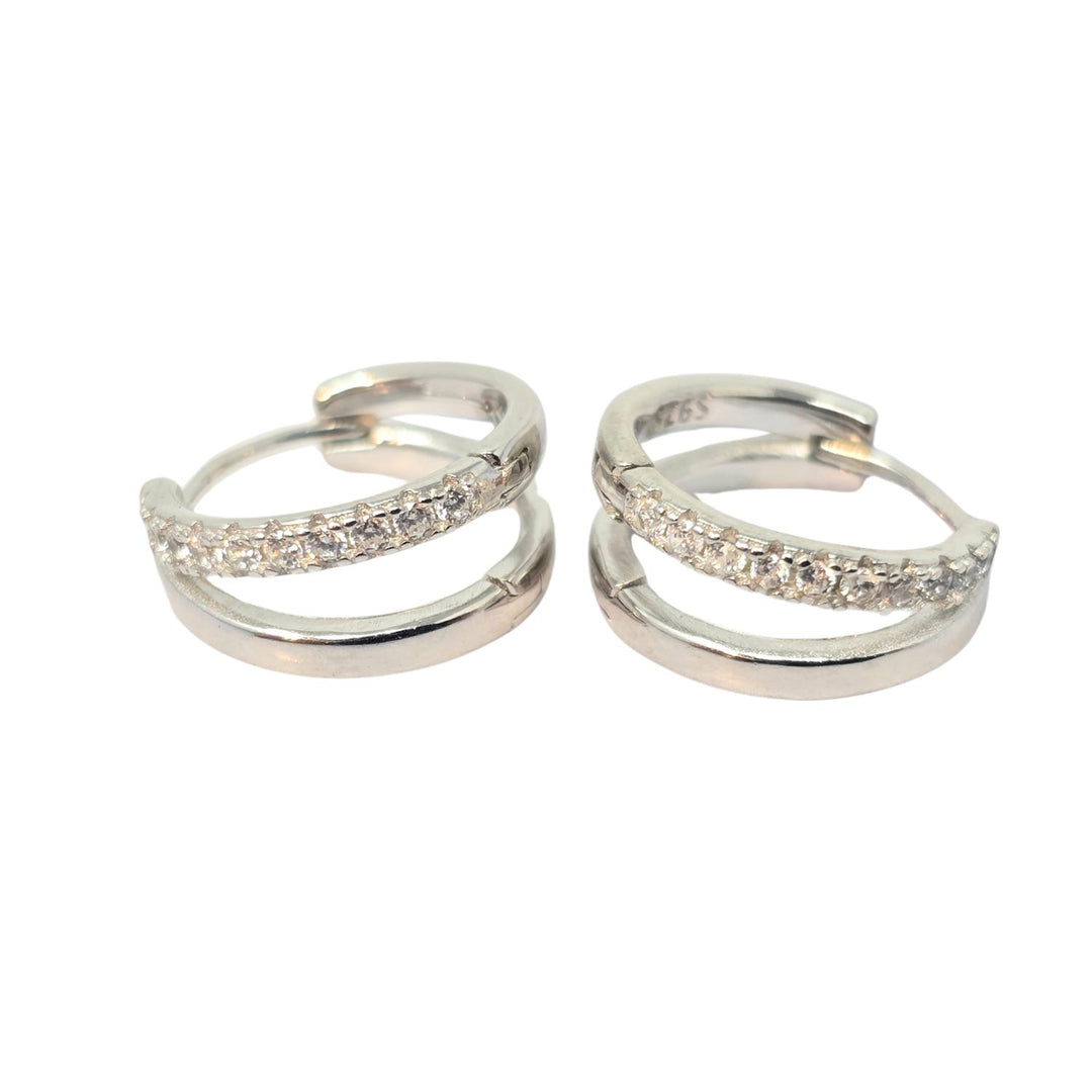 Diamond April Birthstone Double Hoop Small Huggie Sterling Silver Earrings