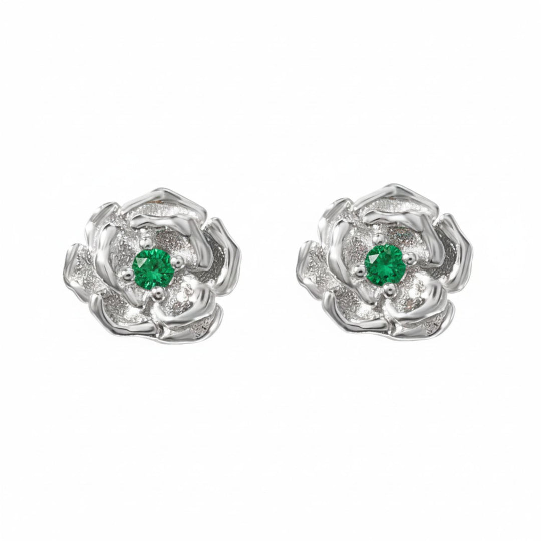 Emerald May Birthstone Hawthorn Birthflower Sterling Silver Stud Earrings