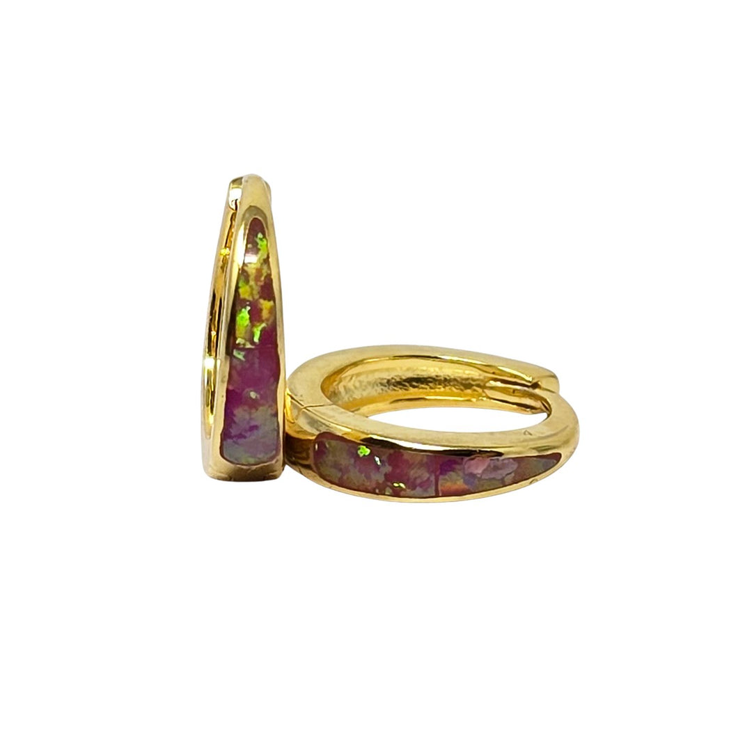 Tapered Magenta Purple Opal Gold Plated Hoop Earrings