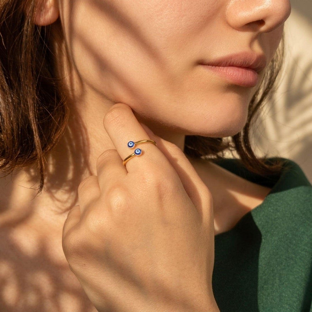 Turkish Blue Evil Eye Nazar Gold Plated Stacking Ring
