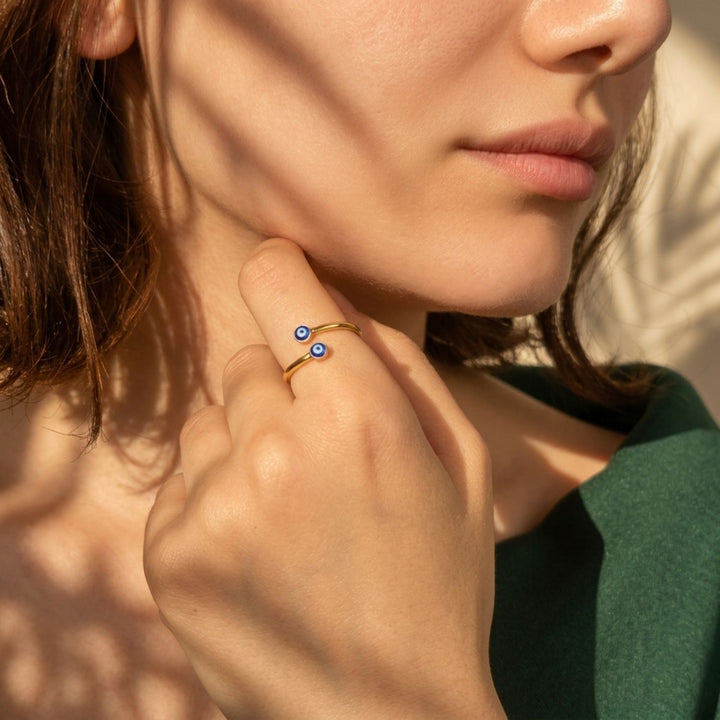 Turkish Blue Evil Eye Nazar Gold Plated Stacking Ring