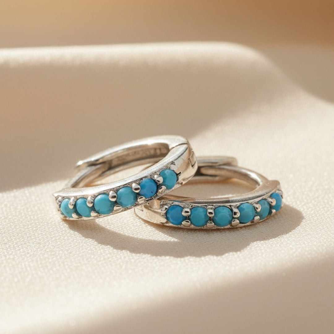 Turquoise December Birthstone Small Silver Huggie Hoops