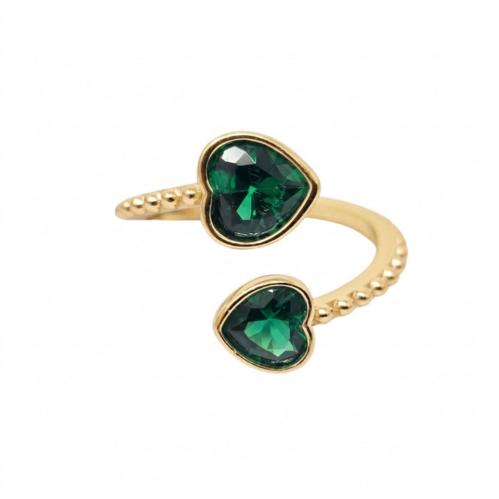 Double Heart Emerald Heart May Birthstone Adjustable Gold Plated Ring 