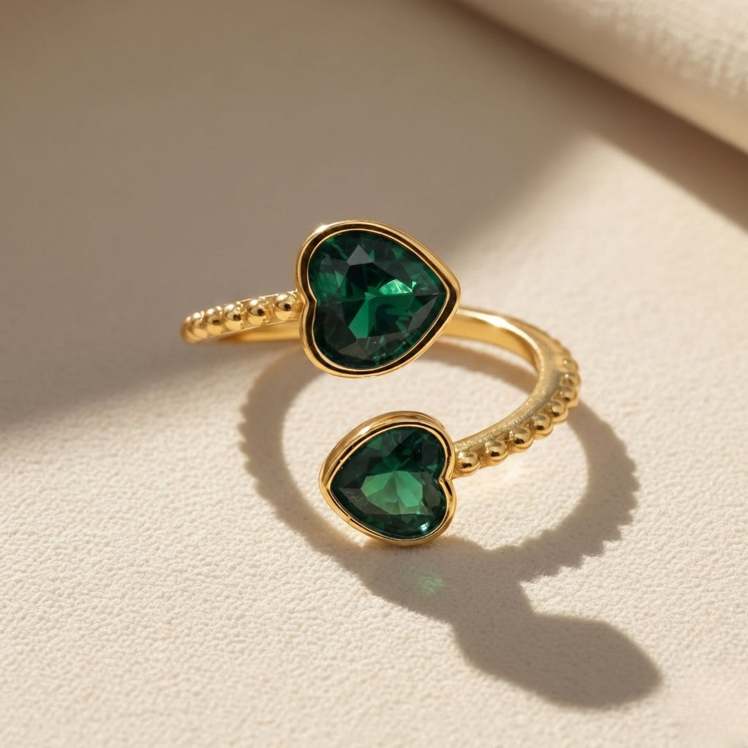 Double Heart Emerald Heart May Birthstone Adjustable Gold Plated Ring 