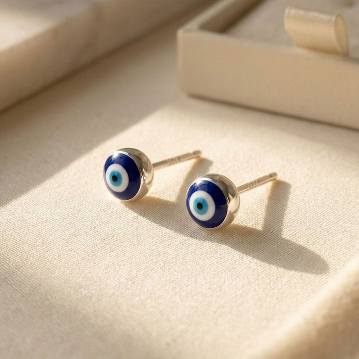 Turkish Evil Eye Nazar Protective Silver Stud Earrings