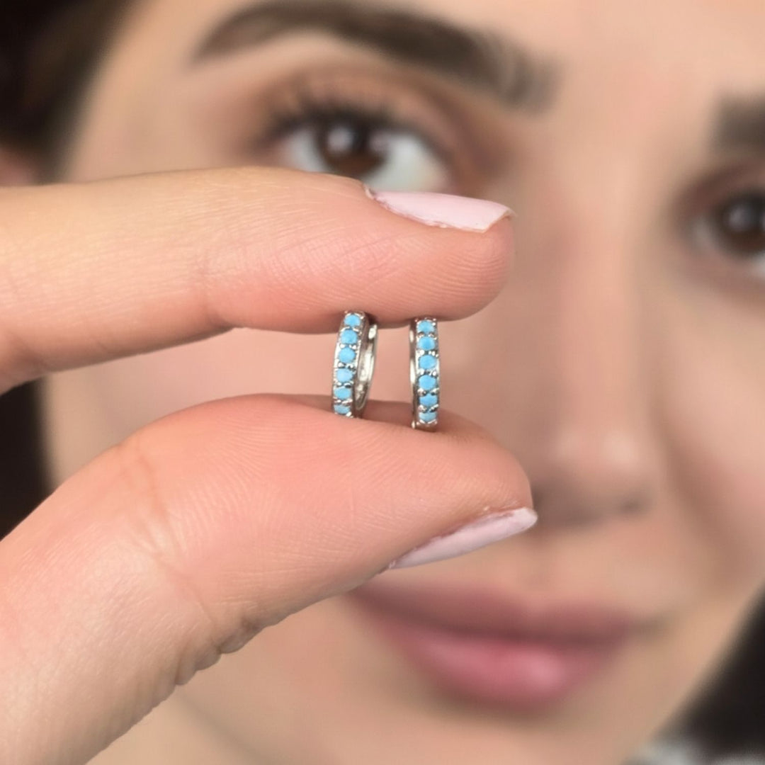 Turquoise December Birthstone Small Silver Huggie Hoops
