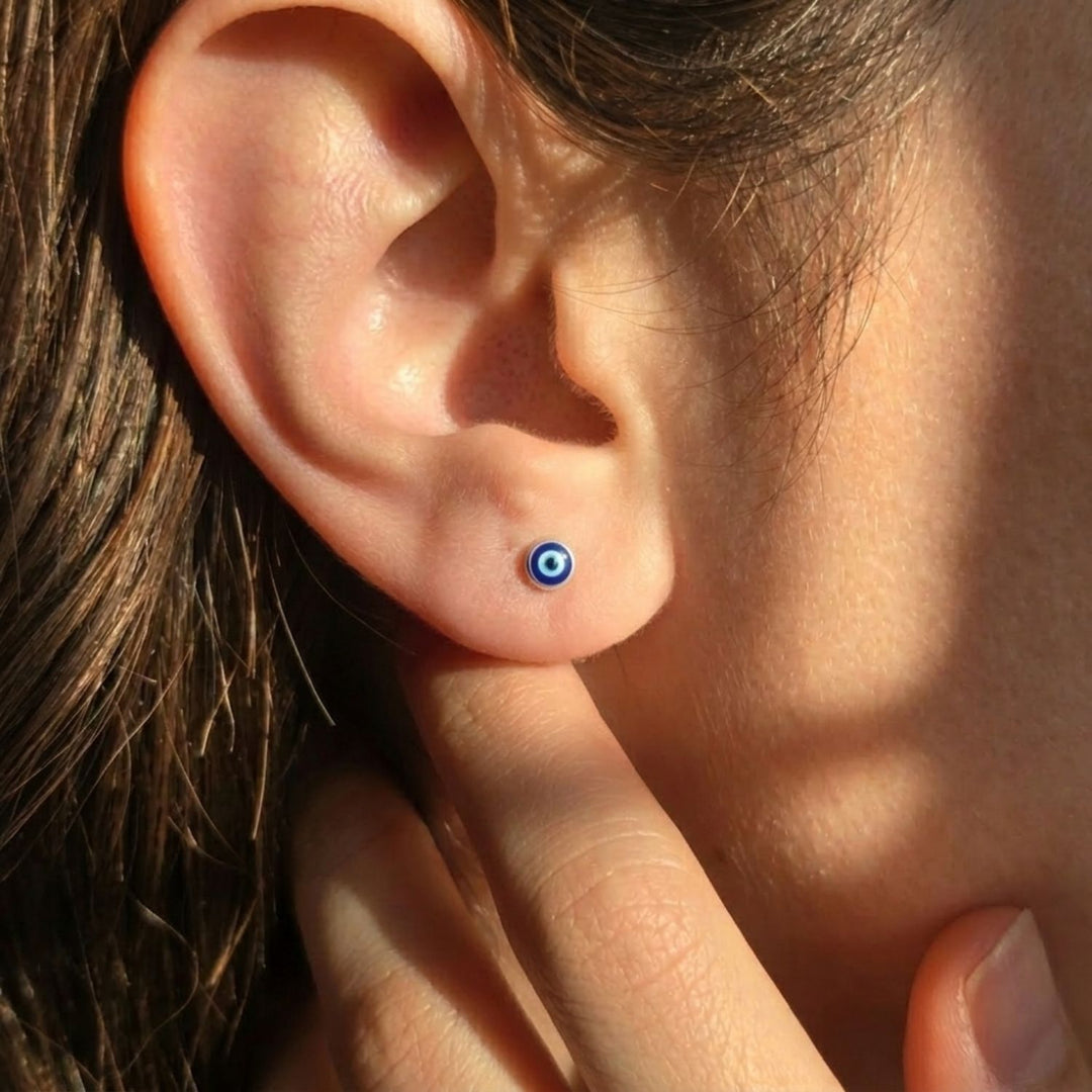 Turkish Evil Eye Nazar Protective Silver Stud Earrings