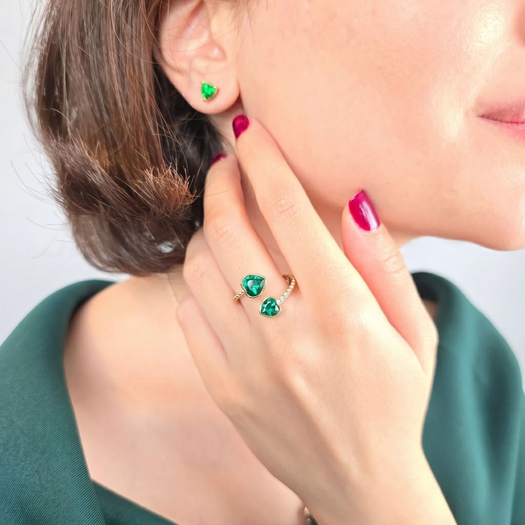 Double Heart Emerald Heart May Birthstone Adjustable Gold Plated Ring 