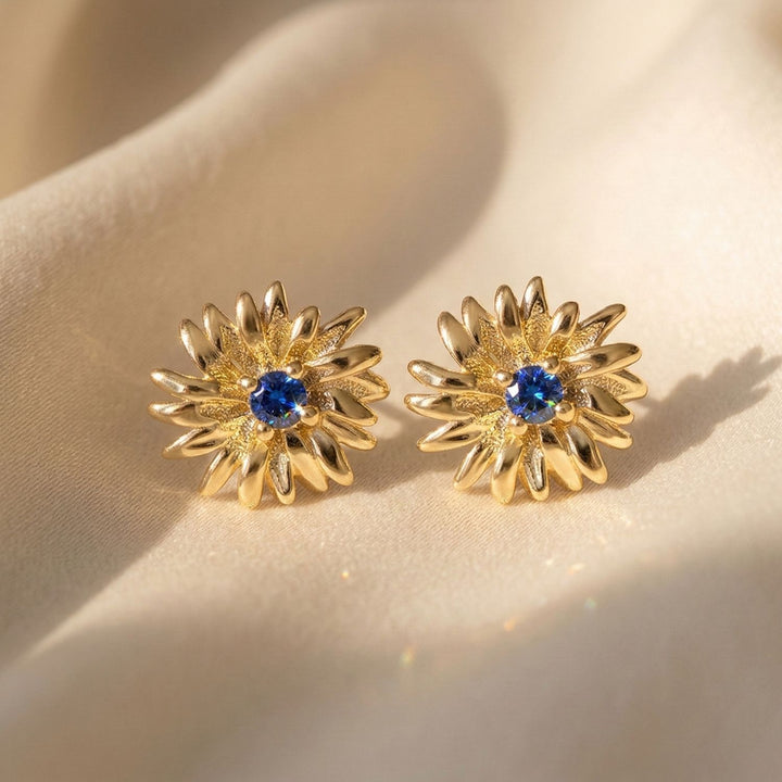 Sapphire September Birthstone Aster Birthflower Gold Plated Stud Earrings