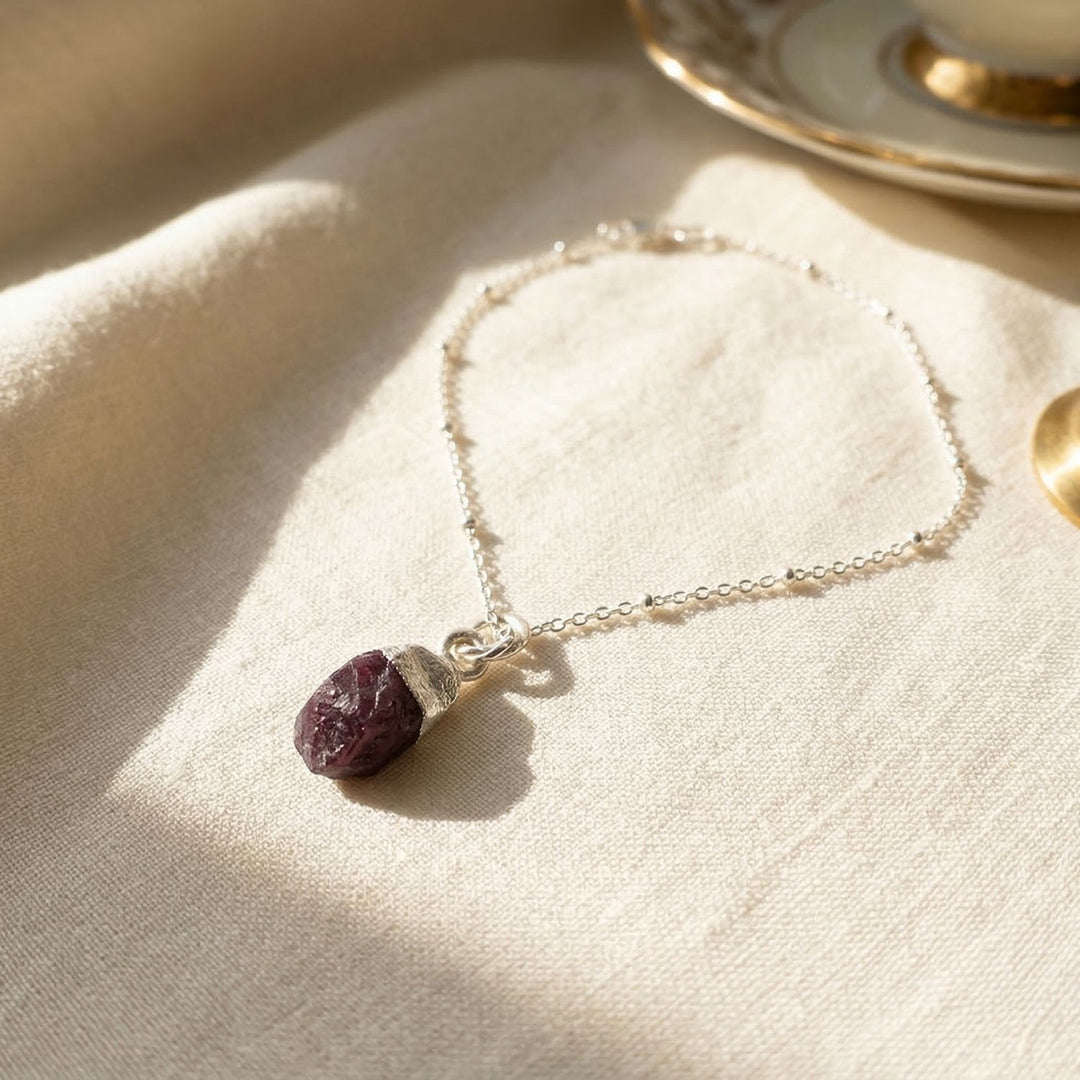 Raw Garnet January Birthstone Silver Charm Bracelet