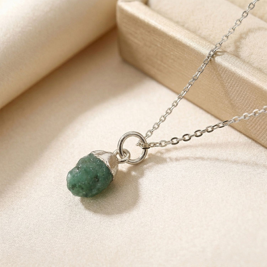Raw Emerald Sterling Silver May Birthstone Necklace