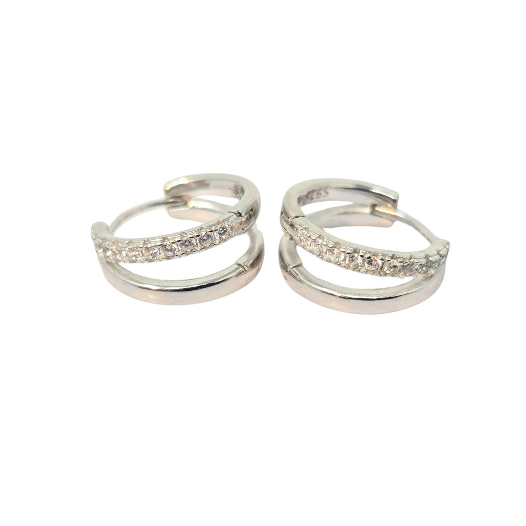 Diamond April Birthstone Double Hoop Small Huggie Sterling Silver Earrings