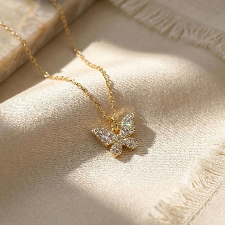 Small Butterfly Micro Pave Gold Plated Charm Necklace