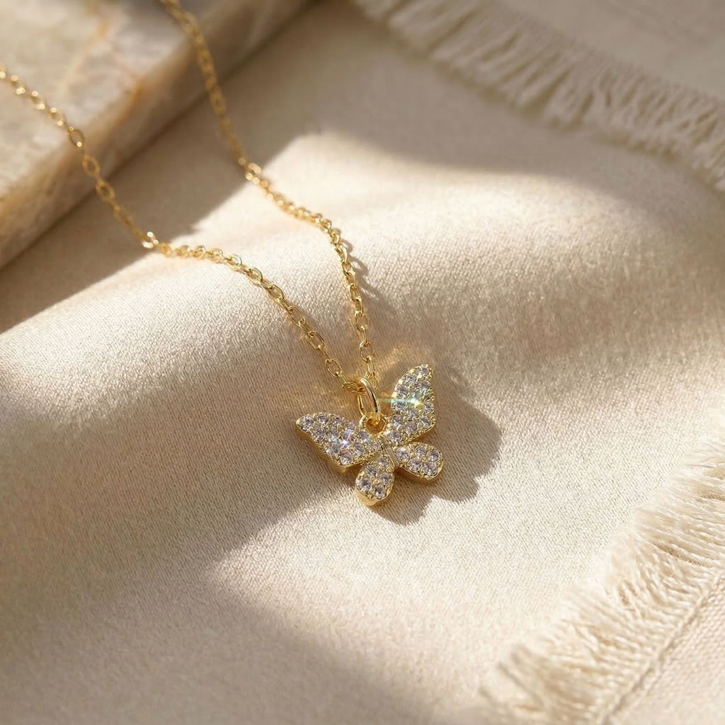 Small Butterfly Micro Pave Plated Charm Necklace