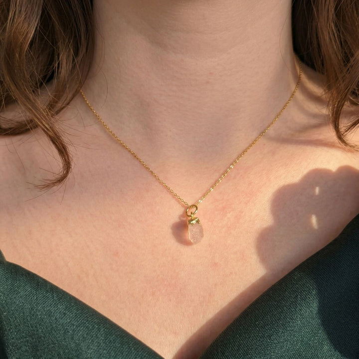 Raw Rose Quartz October Birthstone Gold Plated Necklace
