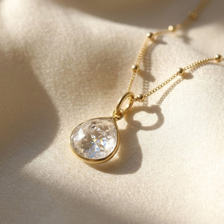 18ct Gold Plated Herkimer Diamond April Birthstone Crystal Necklace