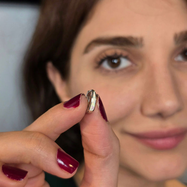 White Opal Tapered Sterling Silver Huggie Hoop Earrings
