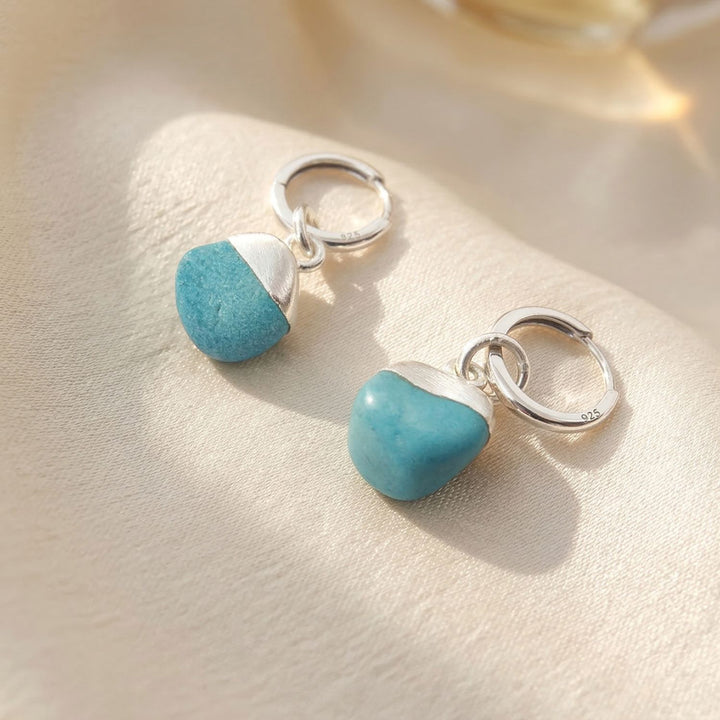 Raw Turquoise December Birthstone Silver Huggies