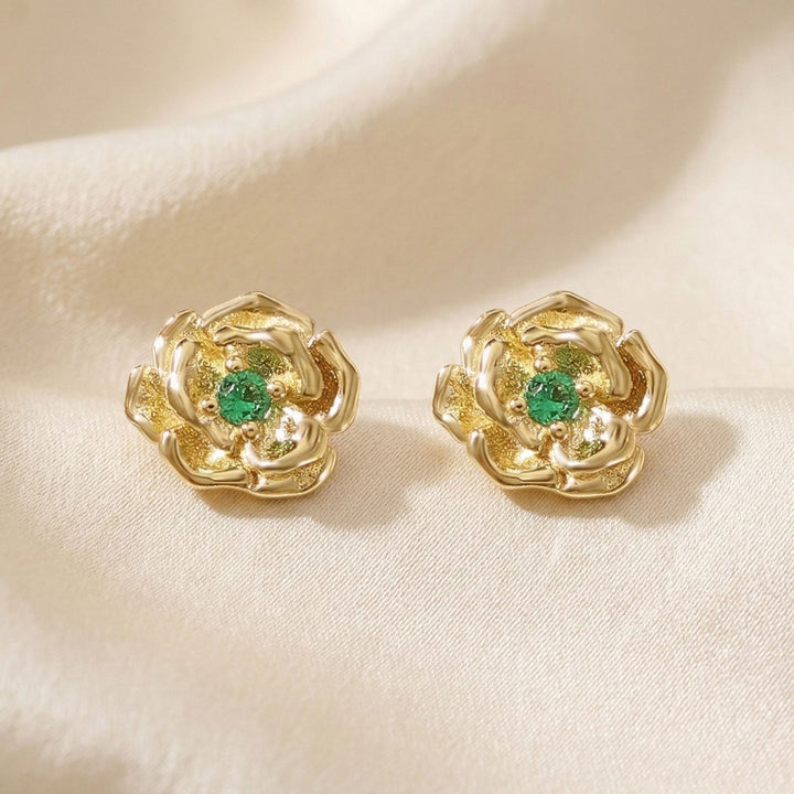 Emerald May Birthstone Hawthorn Birthflower Gold Plated Stud Earrings