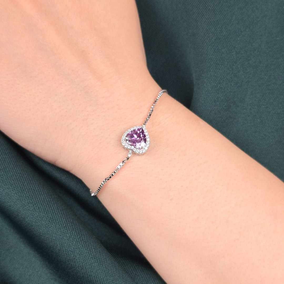 Amethyst February Birthstone Love Heart Charm Sterling Silver Bracelet
