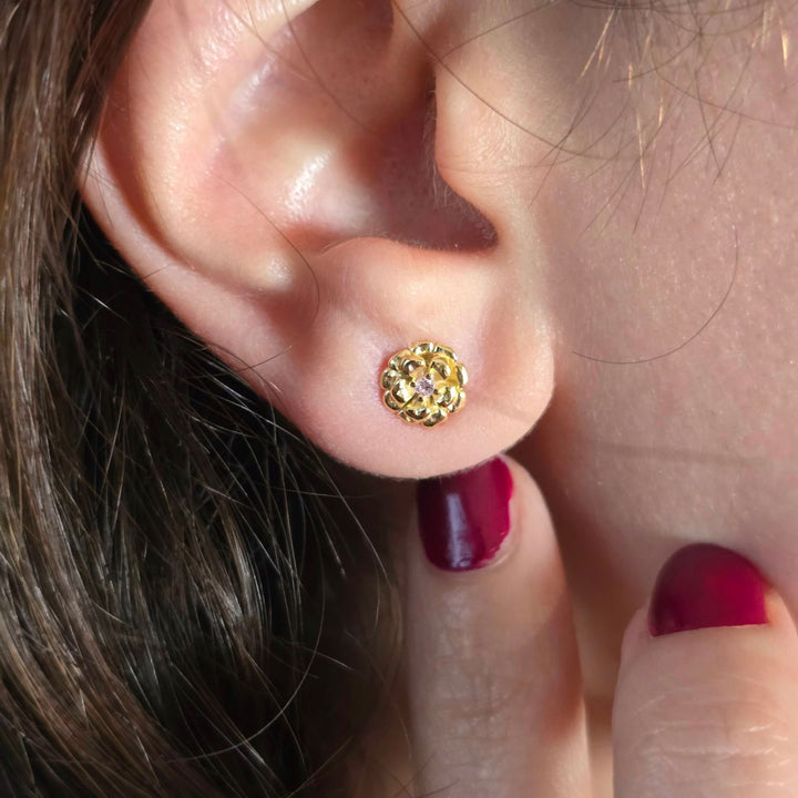 Pink Toumaline October Birthstone Marigold Birthflower Gold Plated Stud Earrings