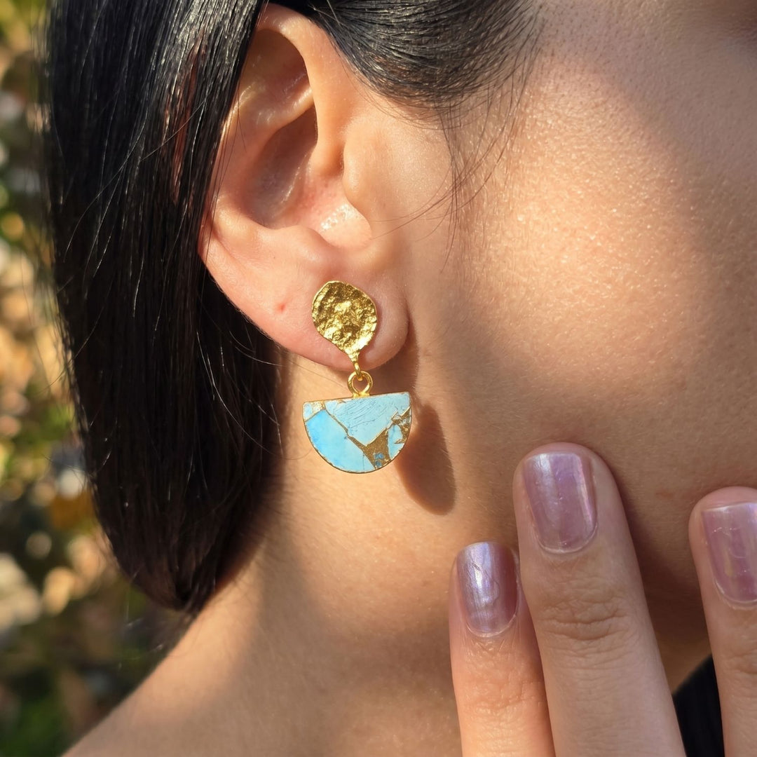 Statement Blue Turquoise December Birthstone Hammered Earrings