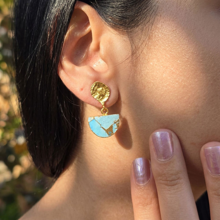 Statement Blue Turquoise December Birthstone Hammered Earrings