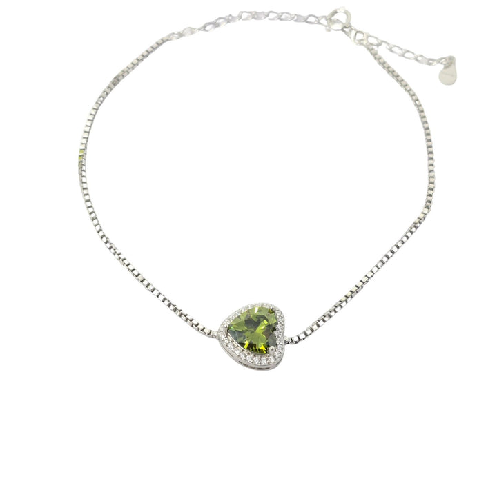 Peridot August Birthstone Love Heart Charm Sterling Silver Bracelet