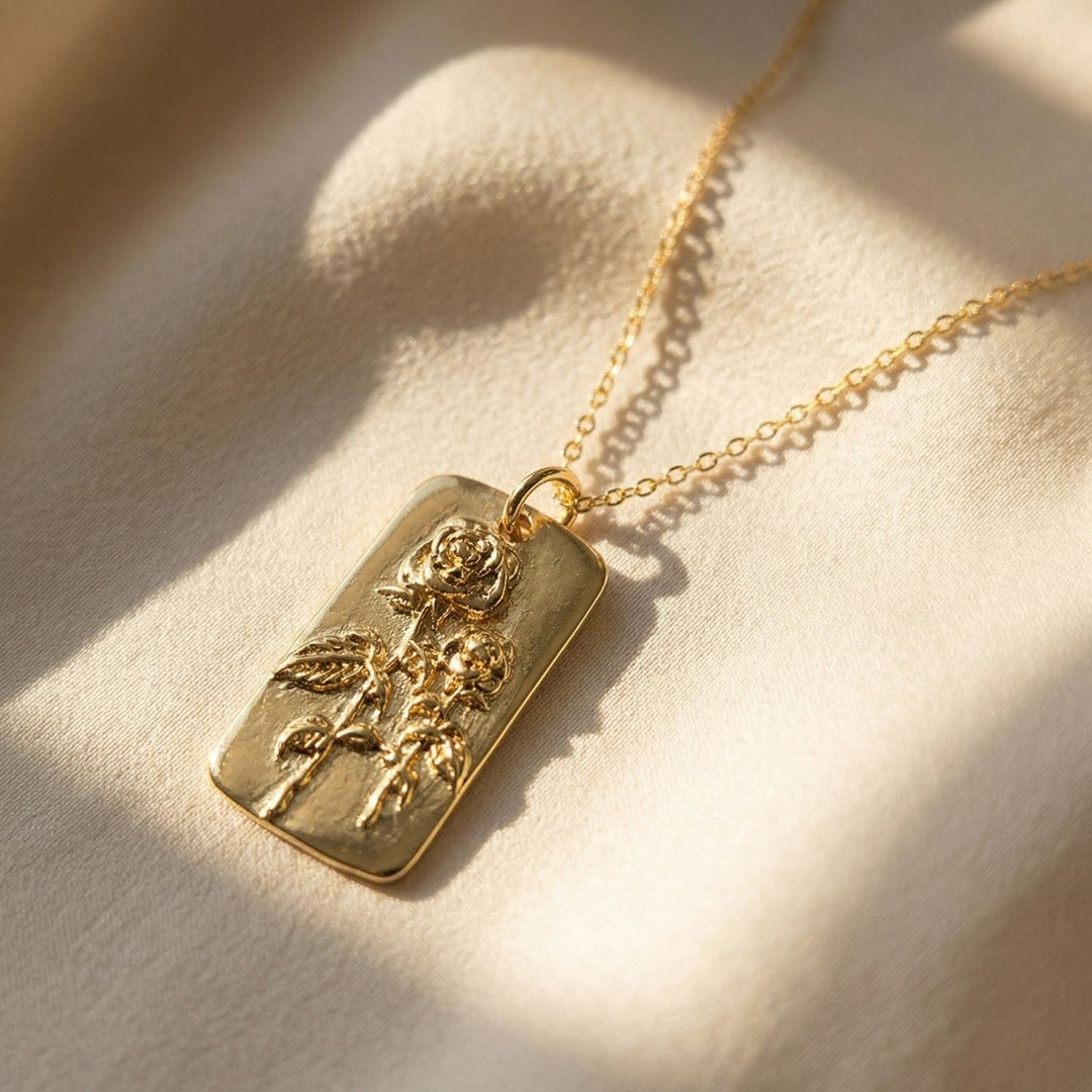 Dainty Rose June Birth Floral Flower Gold Plated Charm Necklace